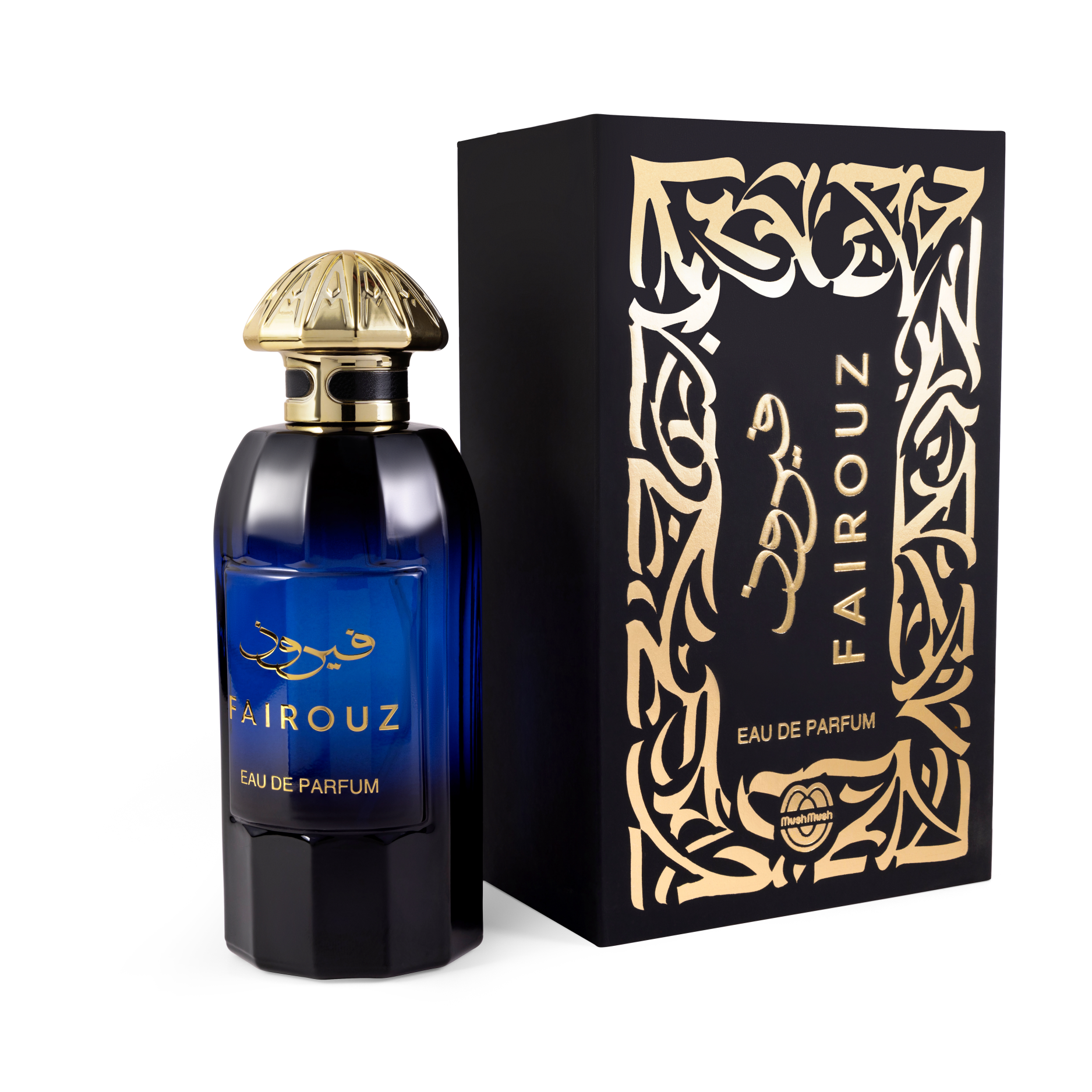 FAIROUZ Eau de Parfum bottle and box set by MushMush, featuring a deep blue gradient glass bottle with an ornate gold cap next to a matte black box embellished with intricate gold Arabic calligraphy framing.