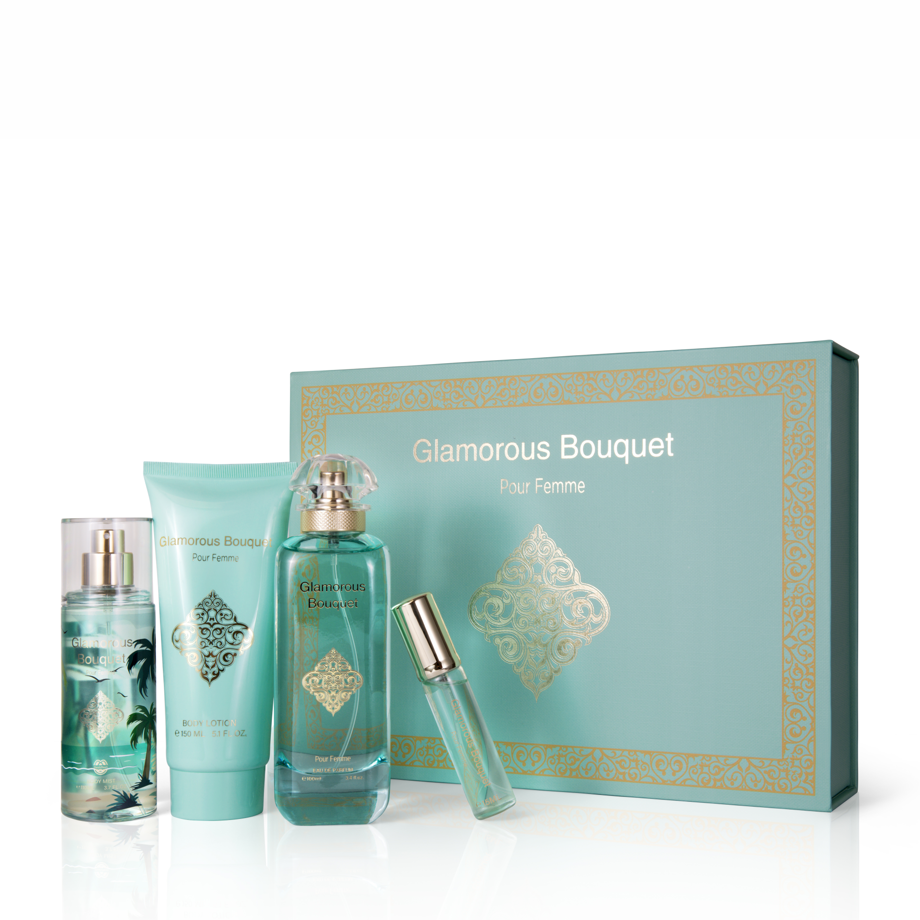 Glamorous Bouquet Pour Femme 4-piece fragrance gift set by MushMush, including a tropical-themed body mist spray, light teal body lotion tube, elegant glass perfume bottle, and travel atomizer standing beside a mint green gift box decorated with gold damask filigree.