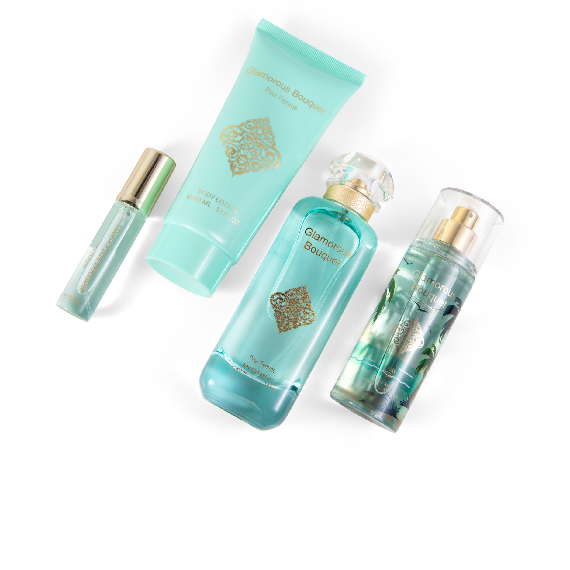  Glamorous Bouquet Pour Femme 4-piece fragrance gift set laid out on a white background, including an Eau de Parfum glass bottle, matching body lotion tube, tropical body mist spray, and a mini travel atomizer.