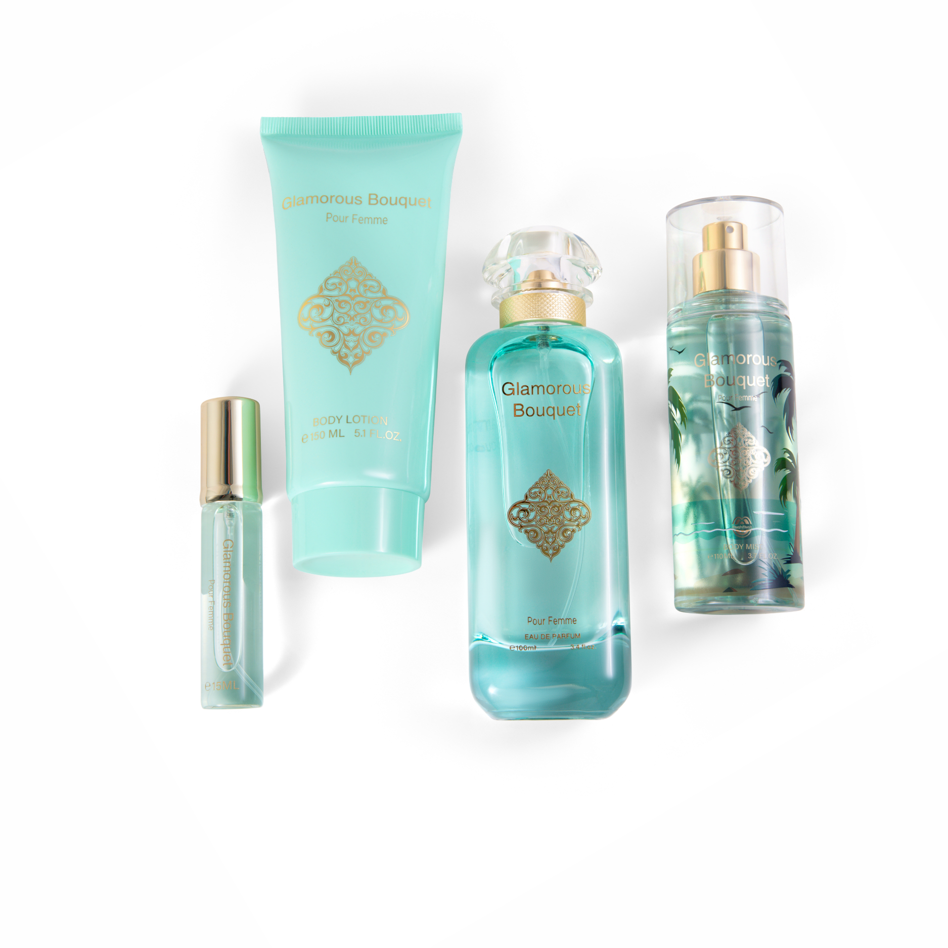 Glamorous Bouquet Pour Femme 4-piece fragrance gift set laid out on a white background, including an Eau de Parfum glass bottle, matching body lotion tube, tropical body mist spray, and a mini travel atomizer.