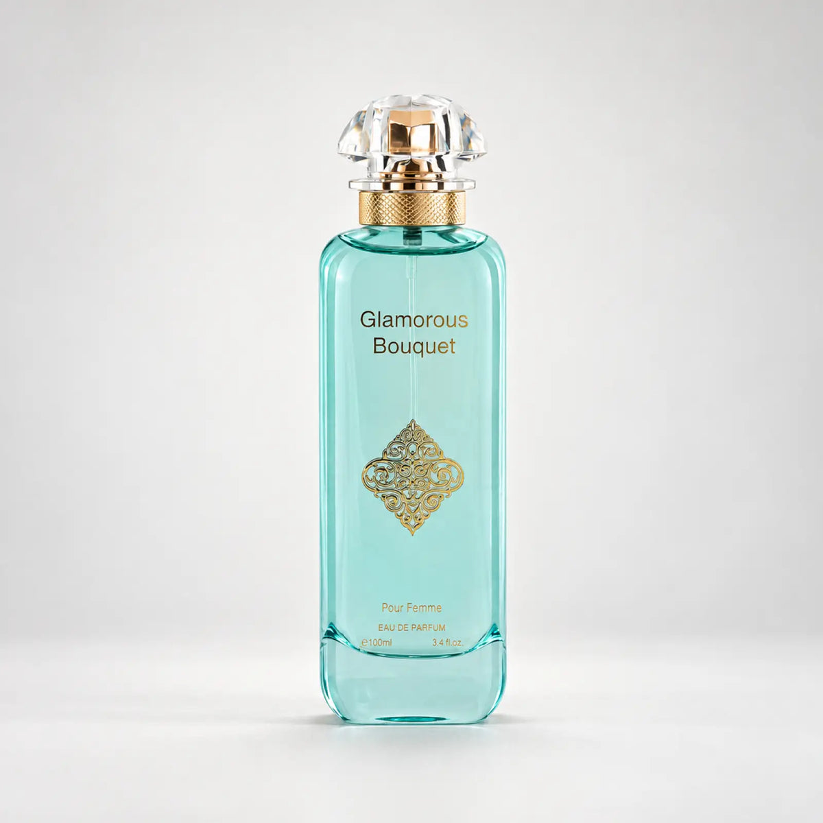 Glamorous Bouquet perfume bottle by MUSHMUSH with a turquoise glass bottle and crystal cap.
