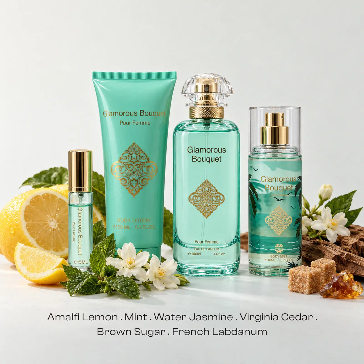 Glamorous Bouquet perfume gift set for women arranged on a white background with an Eau de Parfum bottle, body lotion, body mist and travel atomizer