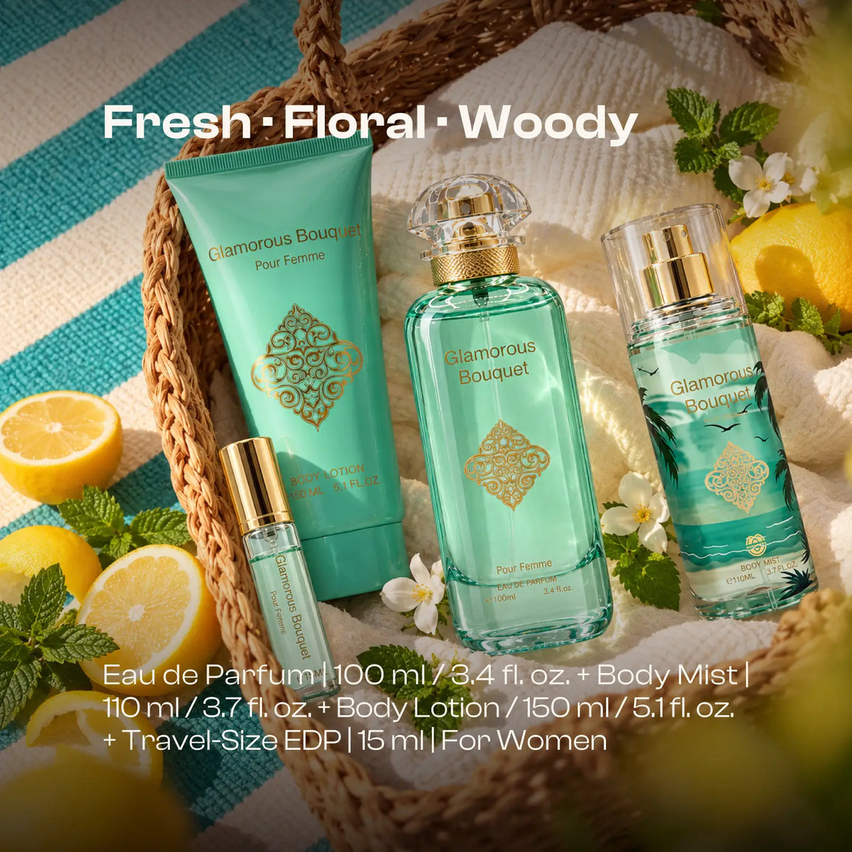 Glamorous Bouquet four-piece fragrance set for women showing the matching perfume and body-care products together