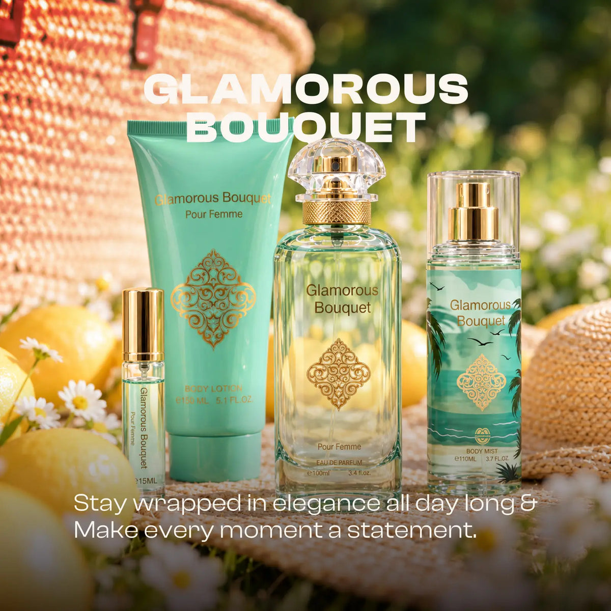 Glamorous Bouquet perfume gift set for women displayed together with its mint green presentation box