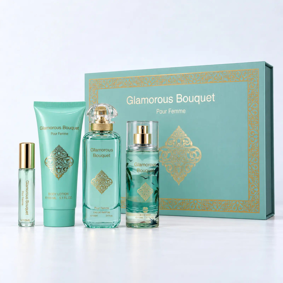 Glamorous Bouquet four-piece fragrance gift set by MUSHMUSH with the perfume bottle and matching body-care products