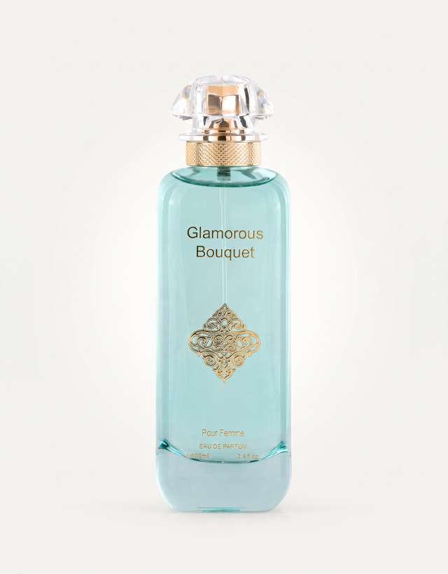 MUSHMUSH Glamorous Bouquet women perfume, 100ml EDP, affordable luxury fragrance, aqua blue bottle with gold details and crystal cap.