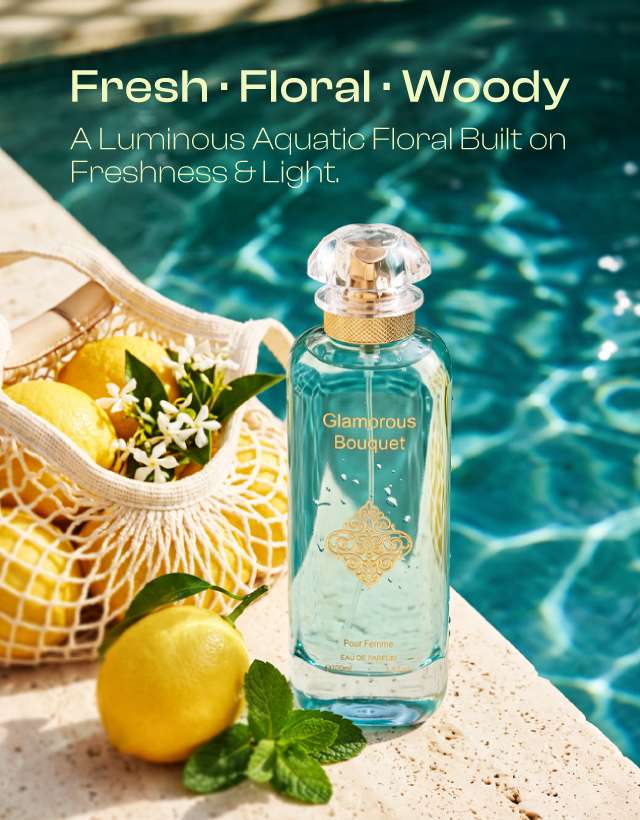 MUSHMUSH Glamorous Bouquet women perfume, 100ml Eau de Parfum, affordable luxury fresh floral woody fragrance with lemon, jasmine and mint, displayed poolside for a bright aquatic summer scent.
