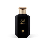 JABAL Eau de Parfum geometric matte black octagonal bottle with gold Arabic script and English lettering, topped with a textured gold cap.