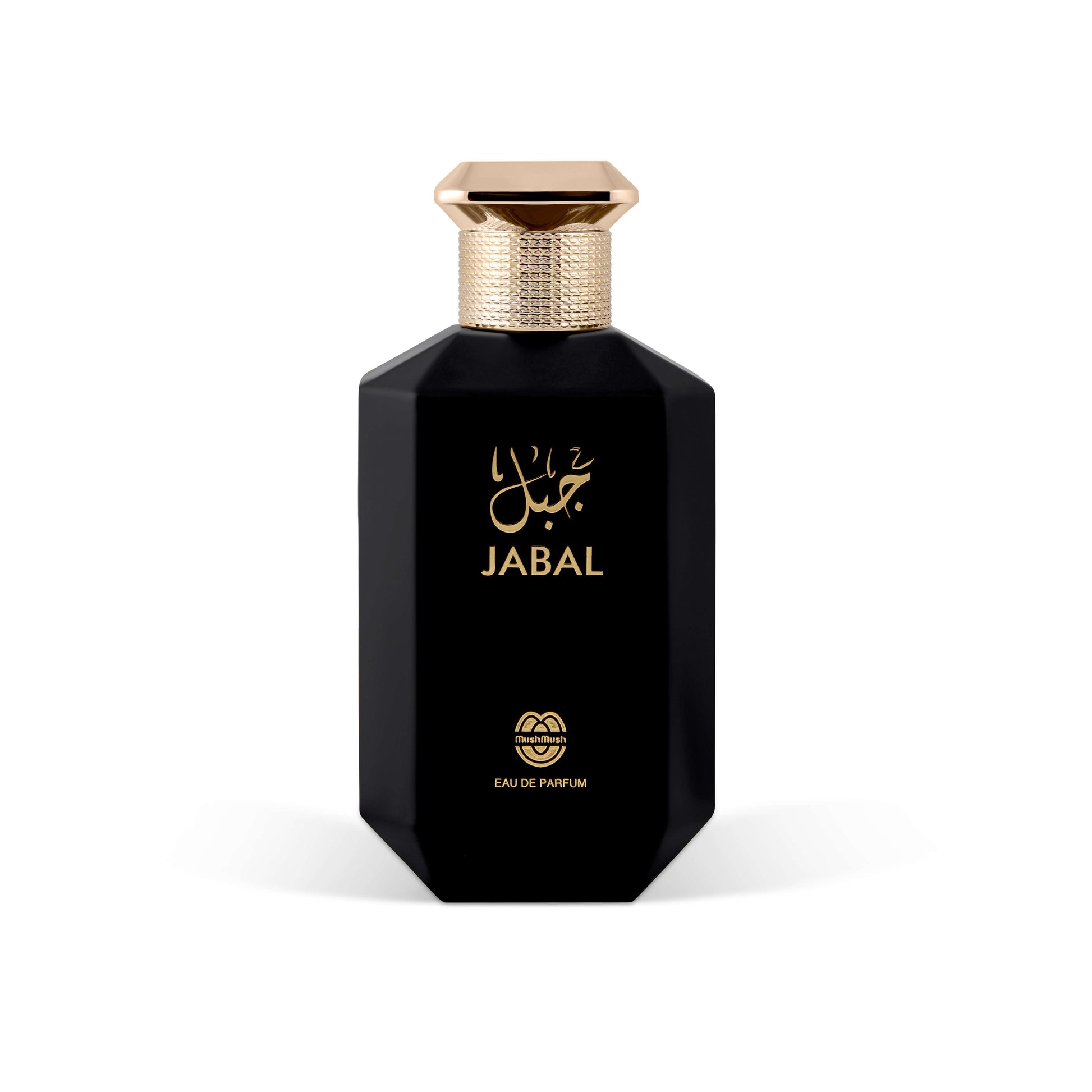JABAL Eau de Parfum geometric matte black octagonal bottle with gold Arabic script and English lettering, topped with a textured gold cap.