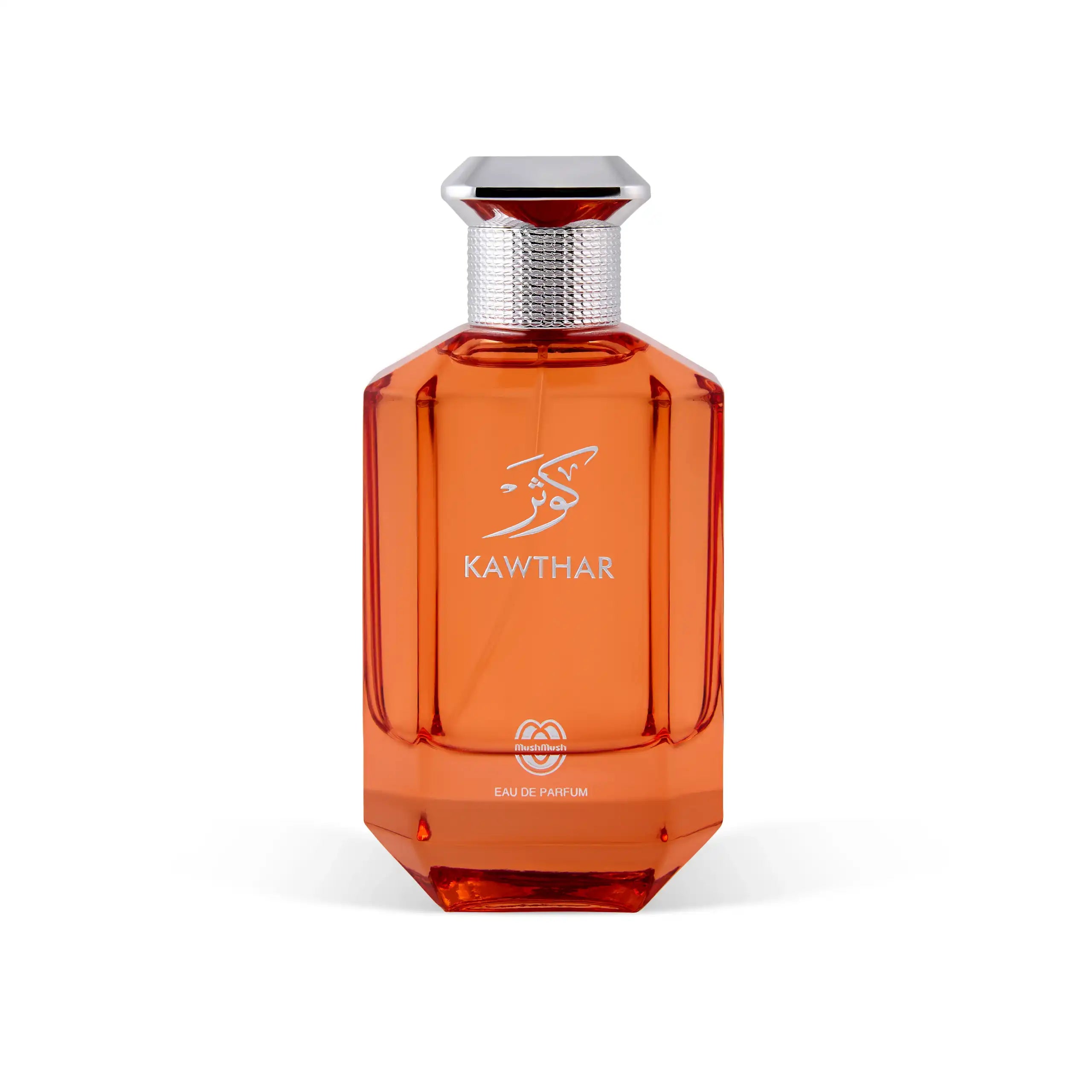 Orange KAWTHAR Eau de Parfum perfume bottle with a silver cap, centered on a white background.