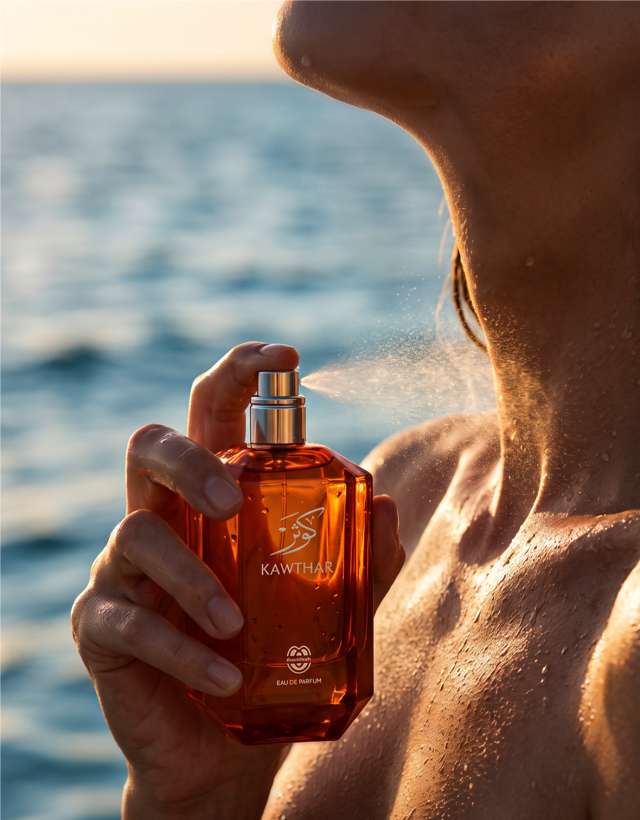 KAWTHAR Eau de Parfum by MUSHMUSH, an affordable luxury fragrance , featuring an orange glass bottle alongside its matching red packaging box.