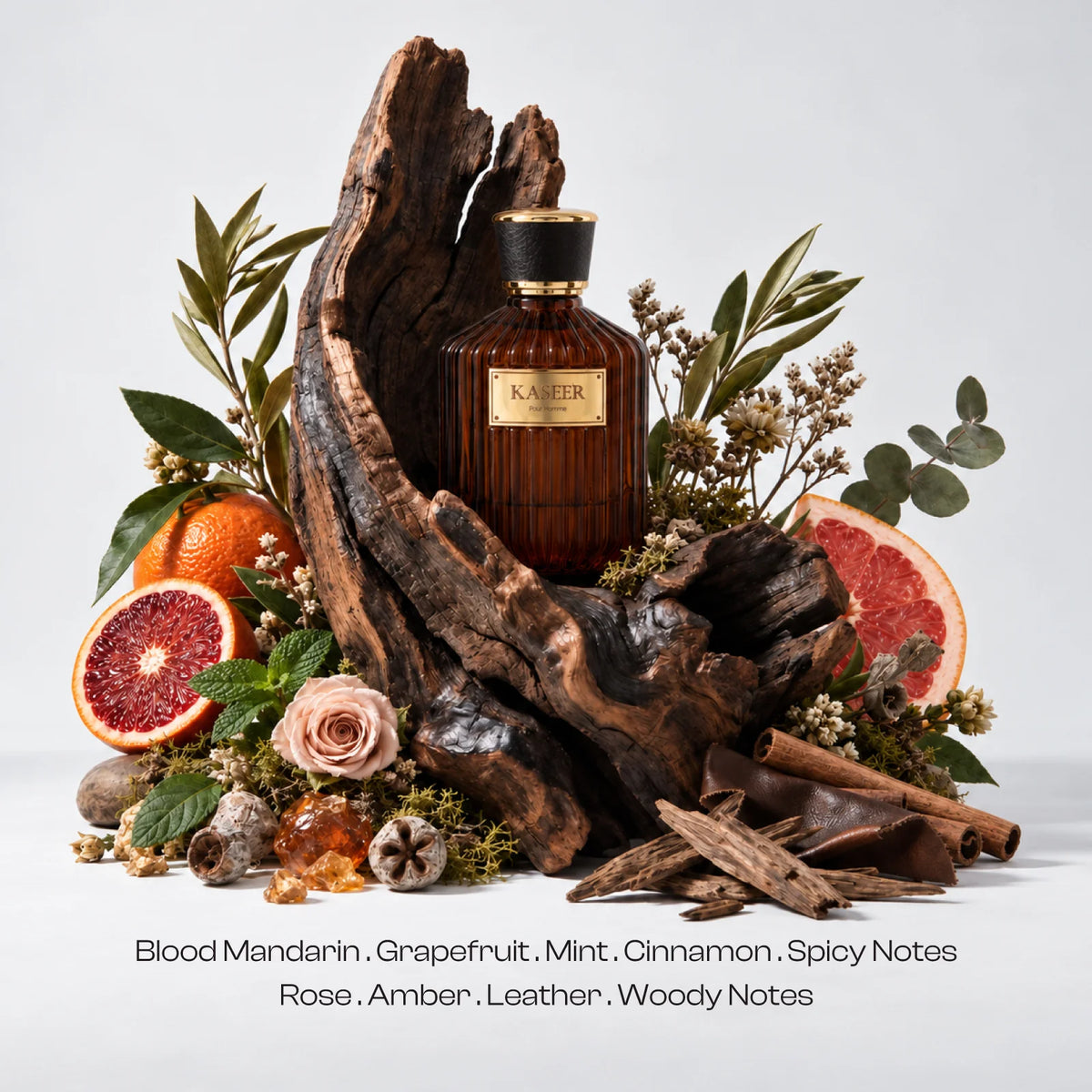 Kaseer for men Pour Homme perfume bottle with visible citrus, rose and wood elements