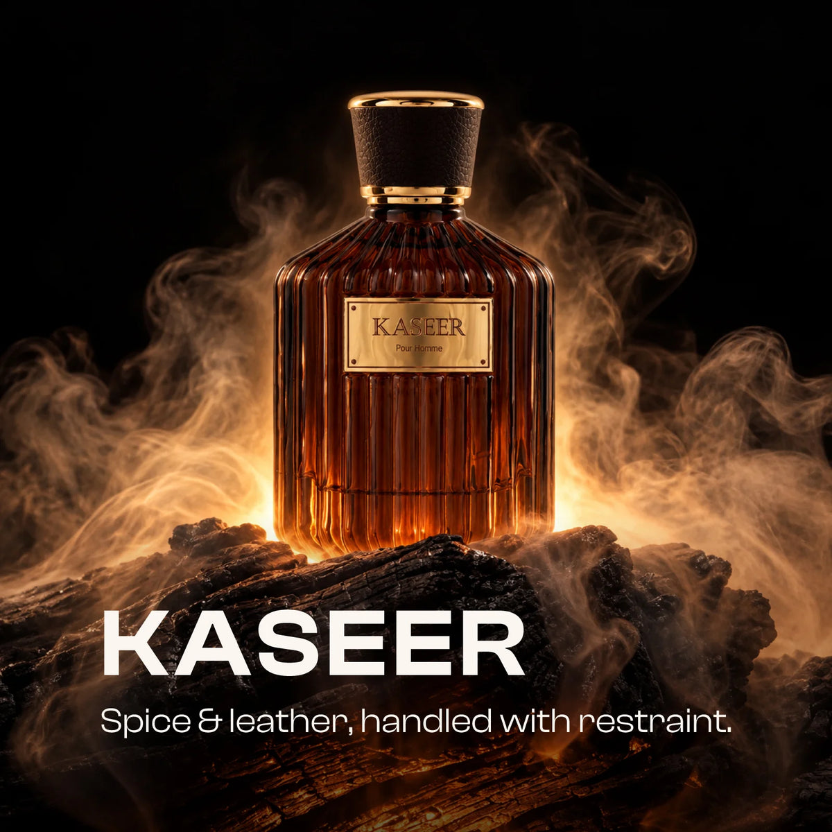 Kaseer for men Pour Homme amber bottle on dark wood with rising smoke