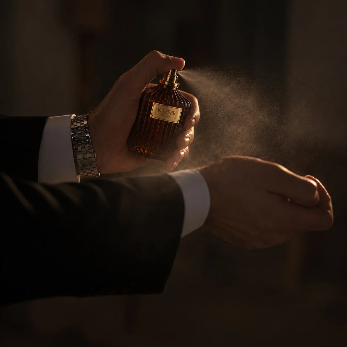 Man spraying Kaseer for men Pour Homme perfume onto his wrist