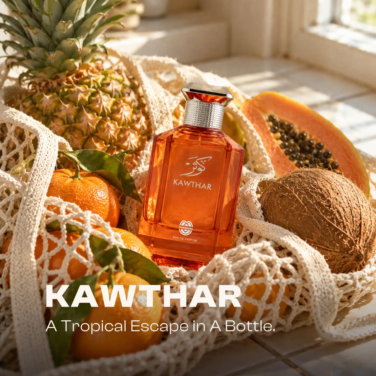 Kawthar for women perfume bottle in a mesh bag with pineapple, papaya and citrus