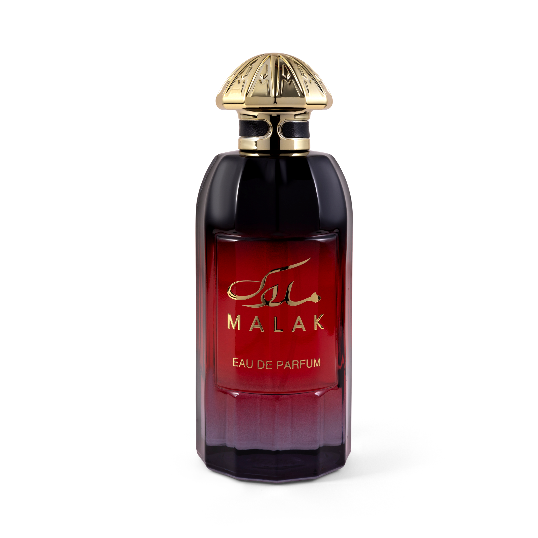 MALAK Eau de Parfum faceted glass bottle featuring a deep red to black gradient finish, gold Arabic calligraphy, and an ornate dome-shaped gold cap.
