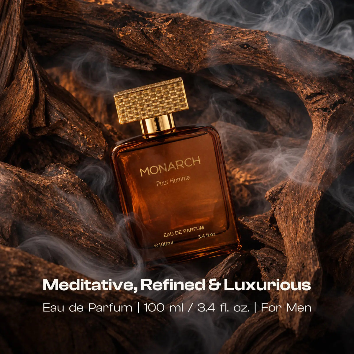 Monarch perfume for men and women placed among dark wood and drifting incense smoke.