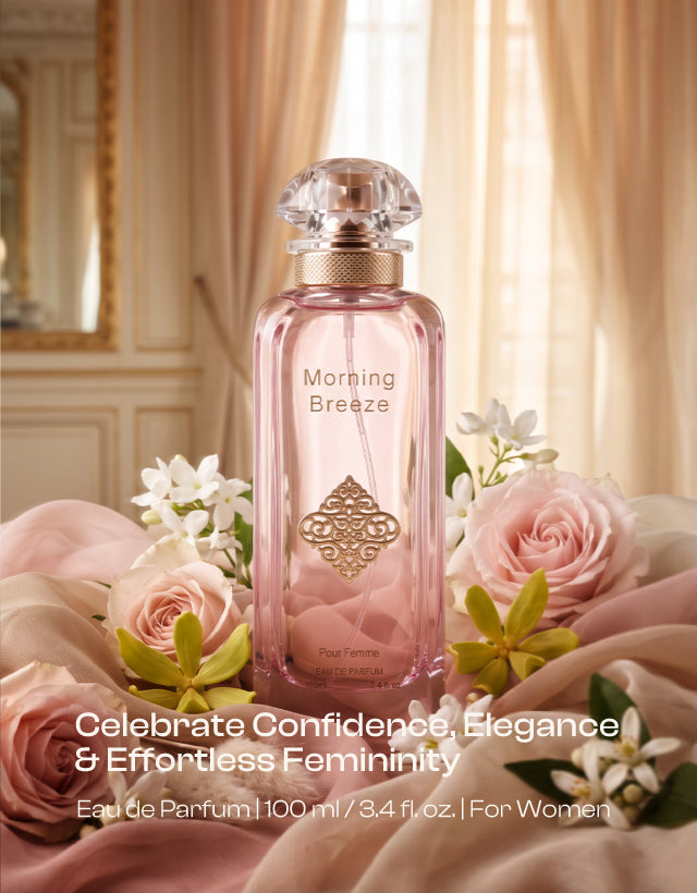 MUSHMUSH Morning Breeze women’s Eau de Parfum, 100ml / 3.4 fl. oz. floral perfume in a soft pink bottle with roses and blossoms, featuring the message: Celebrate Confidence, Elegance & Effortless Femininity.