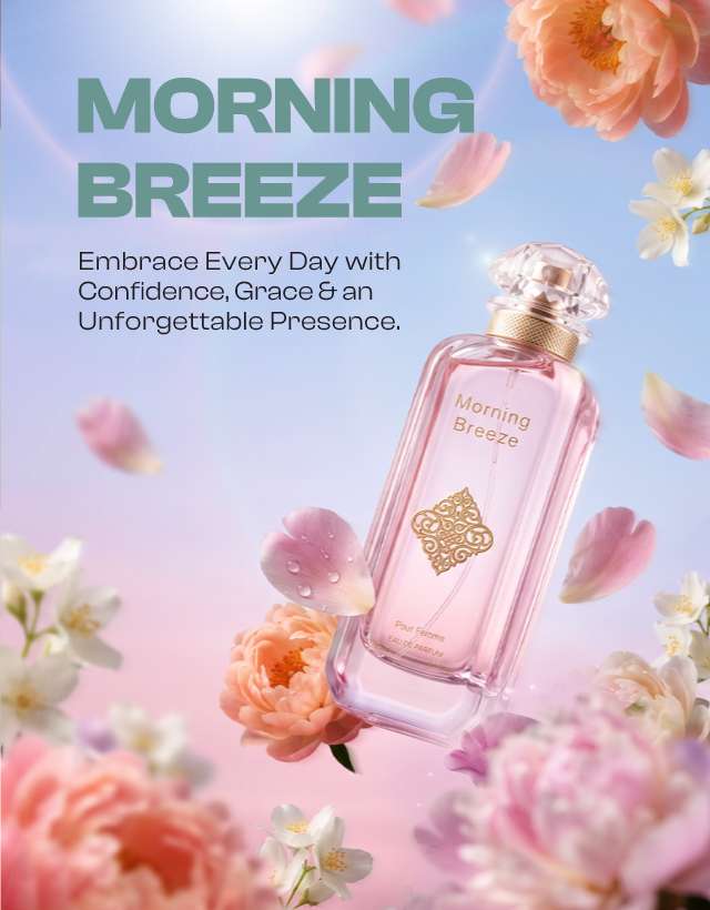 MUSHMUSH Morning Breeze women’s Eau de Parfum, 100ml floral fragrance in a soft pink bottle with flowers, featuring the message: Embrace Every Day with Confidence, Grace & an Unforgettable Presence.