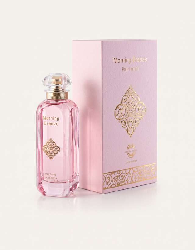 MUSHMUSH Morning Breeze women’s perfume, 100ml Eau de Parfum, premium feminine fragrance in a soft pink bottle with gold detailing .