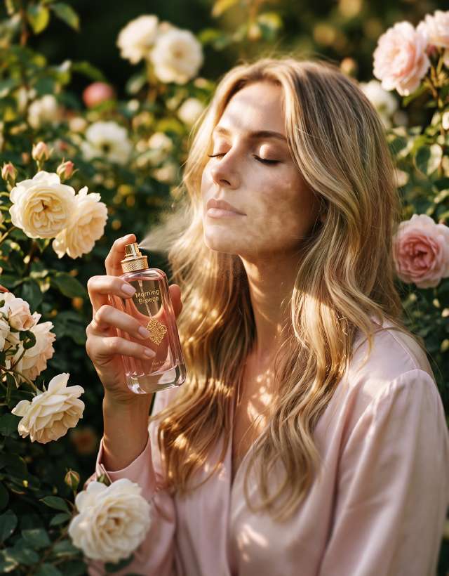 MUSHMUSH Morning Breeze women’s perfume, 100ml Eau de Parfum, fresh floral luxury scent worn outdoors by a woman in a blooming rose garden, ideal for elegant everyday wear.