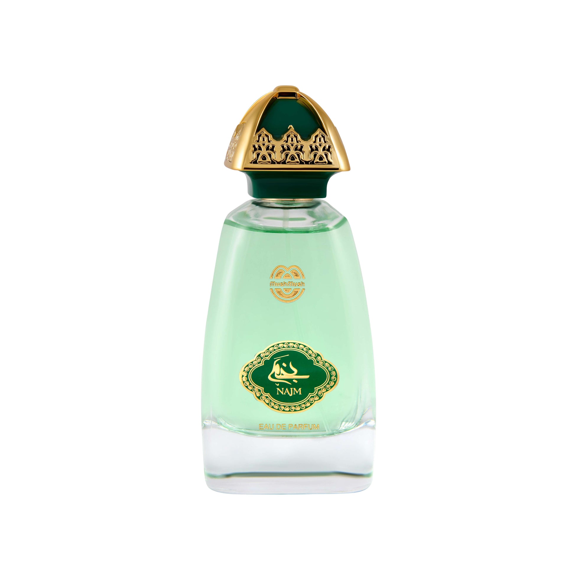 NAJM Eau de Parfum clear glass bottle filled with light mint green liquid, featuring an emerald green oval crest with gold filigree bordering and Arabic calligraphy, topped with an ornate gold and dark green dome cap.