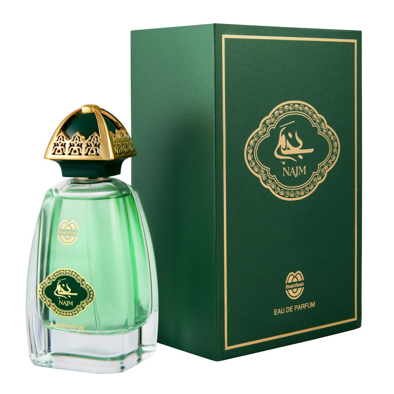 NAJM Eau de Parfum clear glass bottle filled with light mint green liquid, featuring an emerald green oval crest with gold filigree and Arabic calligraphy, standing beside its matching textured forest green presentation box accented with gold trim.