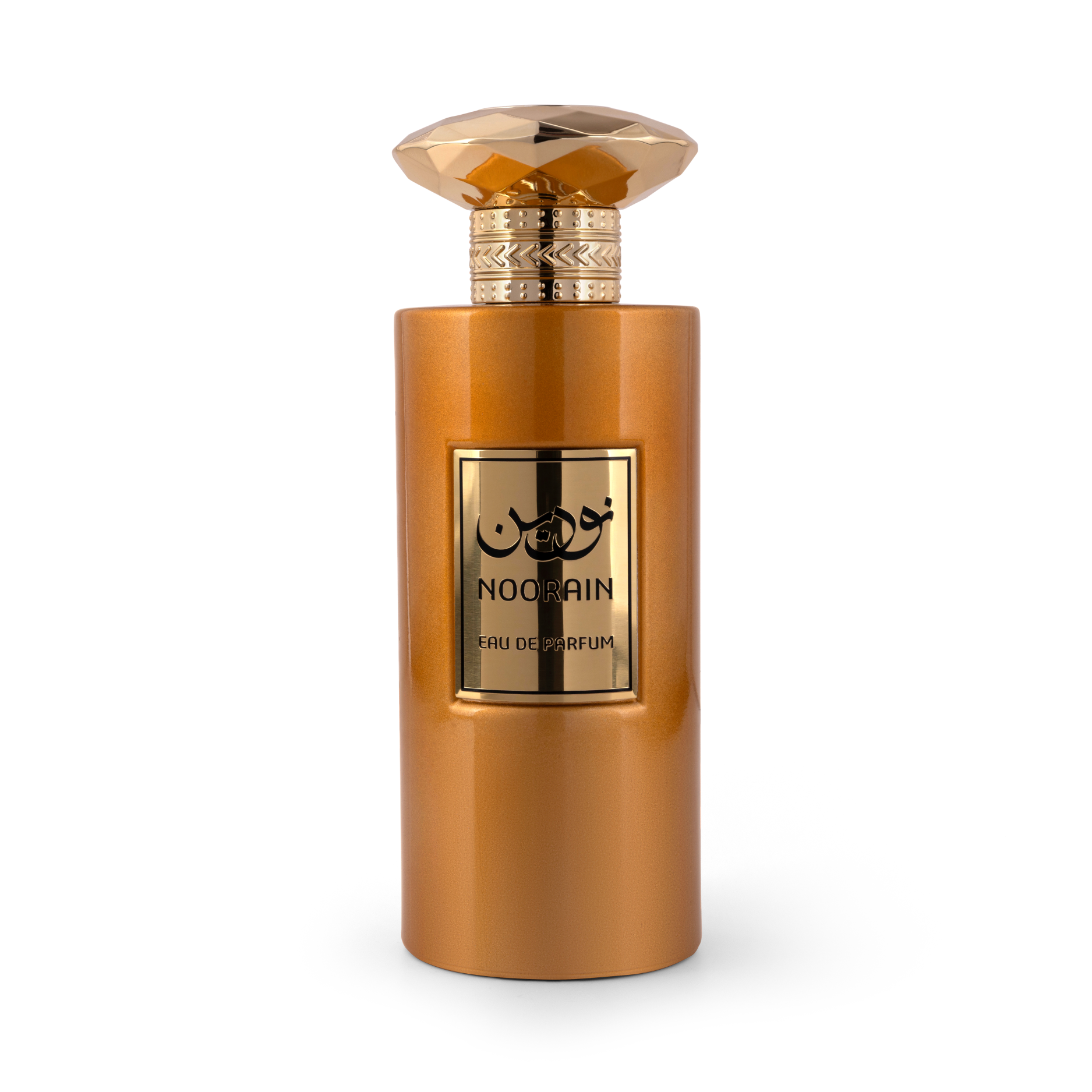 NOORAIN Eau de Parfum cylindrical metallic copper-orange bottle topped with a faceted diamond-shaped gold cap, featuring a gold plaque with Arabic typography.