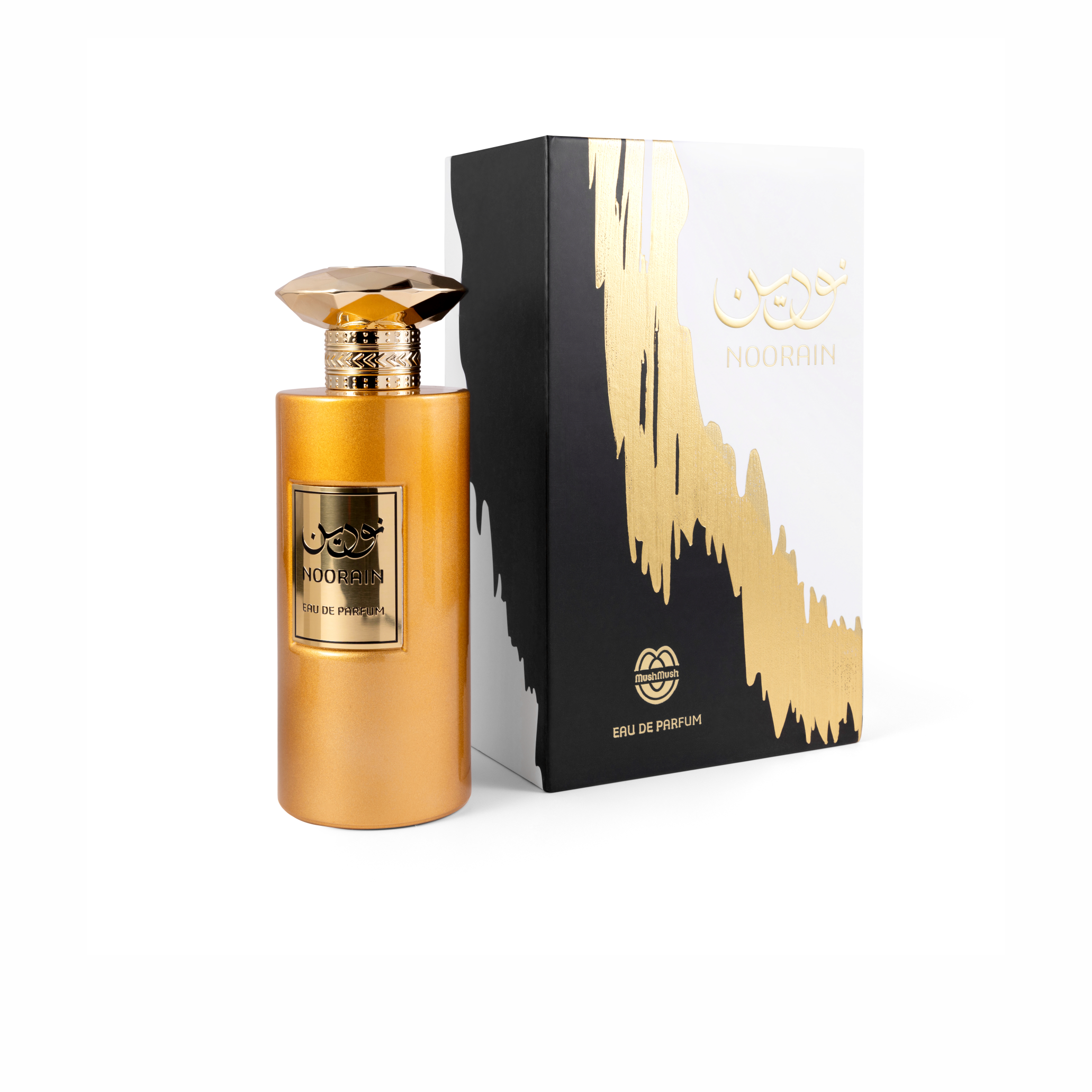 NOORAIN Eau de Parfum metallic copper-orange bottle with a faceted gold cap, standing beside its white and black packaging box featuring a gold foil drip design and Arabic logo.