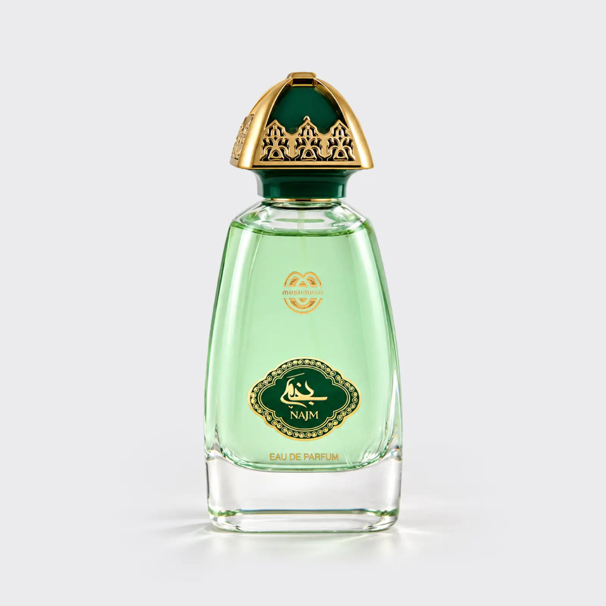 Najm for men and women pale green perfume bottle with a gold and green dome cap by MUSHMUSH