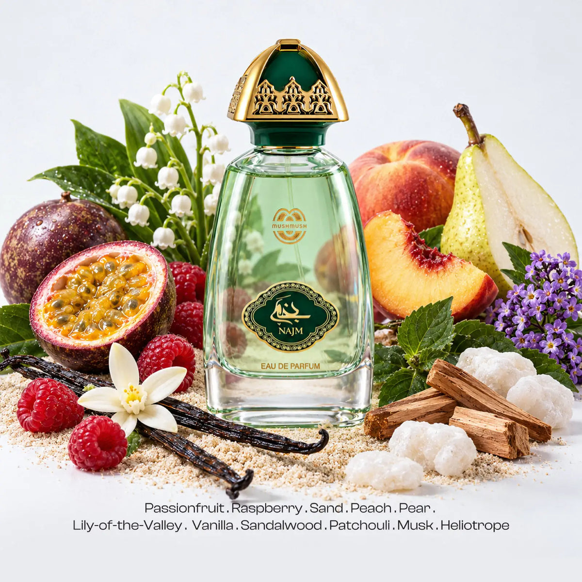 Najm for men and women bottle with passion fruit, peach, pear, raspberry, lily of the valley and vanilla