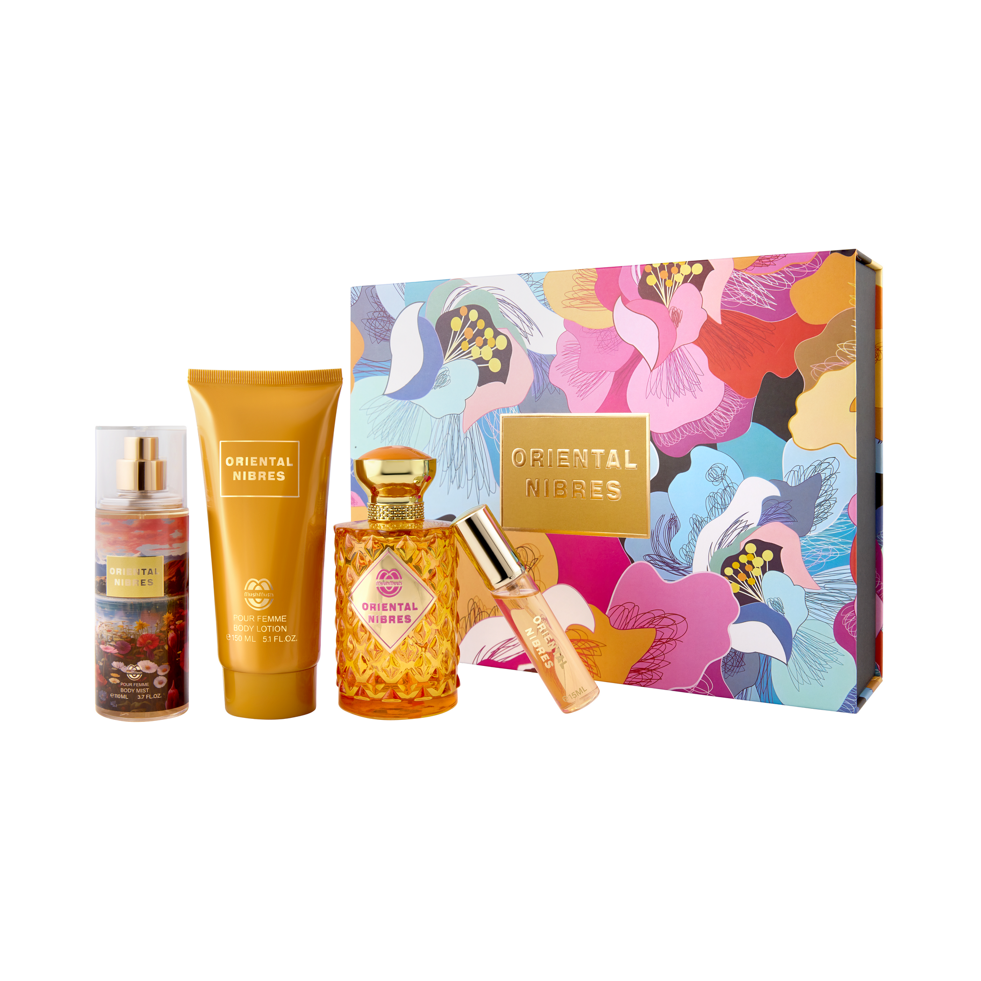 ORIENTAL NIBRES Pour Femme 4-piece fragrance gift set by MushMush, including a body mist spray, golden body lotion tube, textured yellow perfume bottle with a gold cap, and travel spray, displayed in front of a colorful floral gift box.
