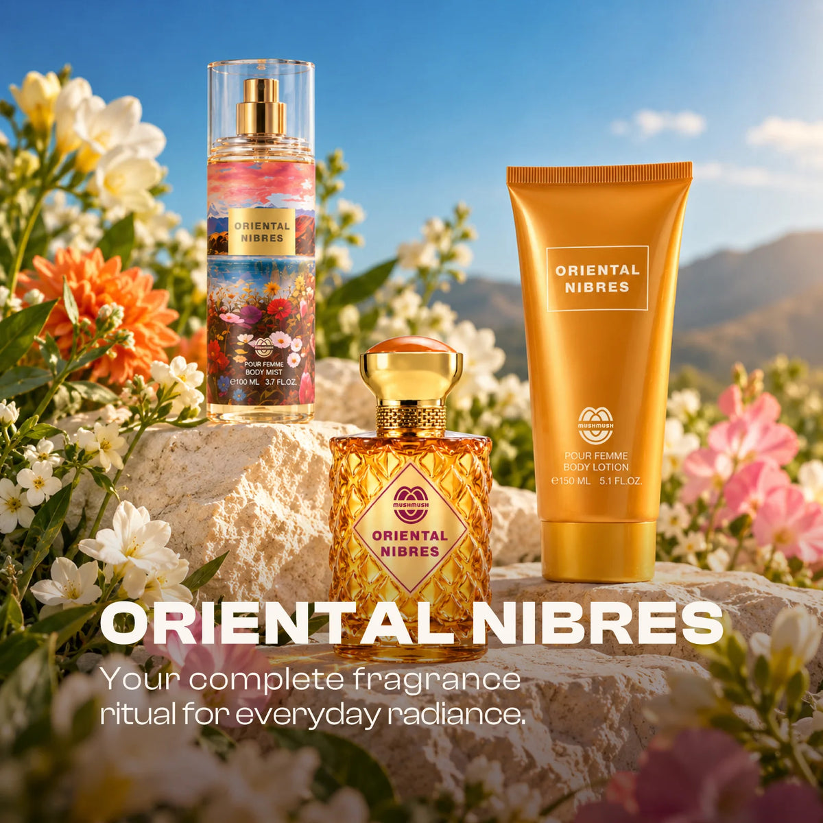 Oriental Nibres Perfume Gift Set for women presented in a styled product setting
