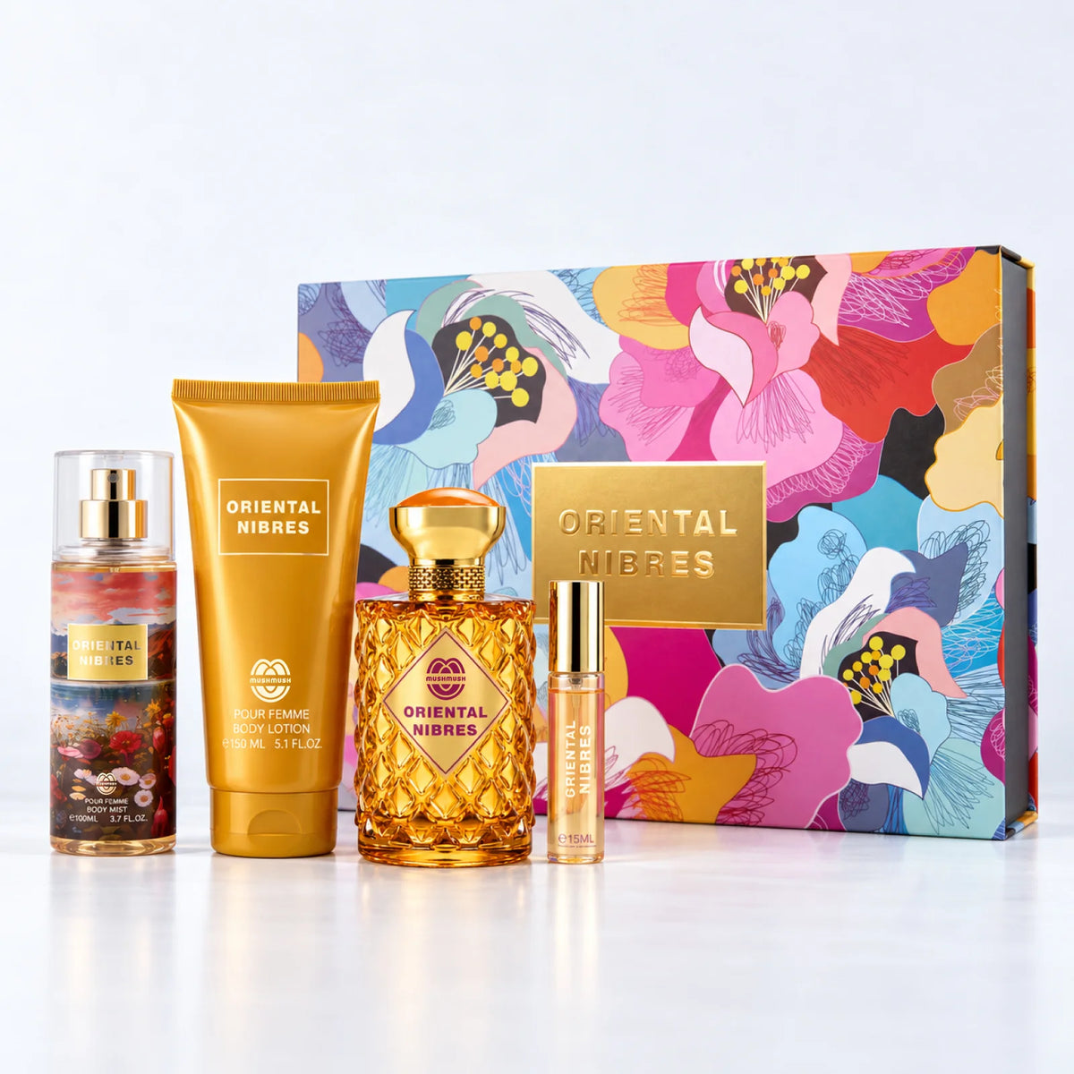 Oriental Nibres perfume bottle beside its gift set packaging by MUSHMUSH