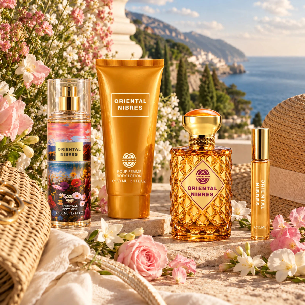 Oriental Nibres Perfume Gift Set for women. Oriental Nibres fragrance gift set displayed for use
