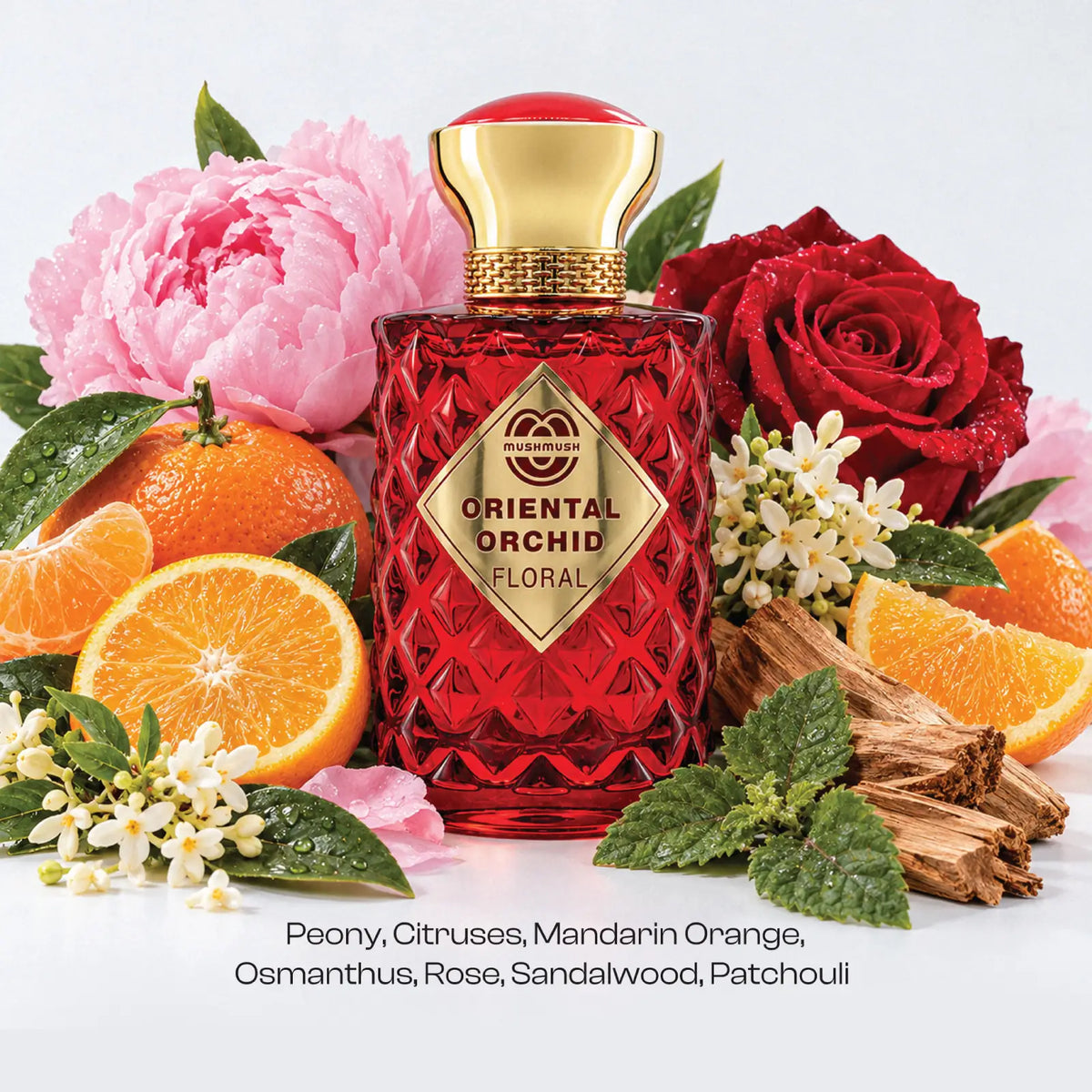 Oriental Orchid Floral perfume bottle for women with a diamond-textured ruby red glass body and metallic gold cap