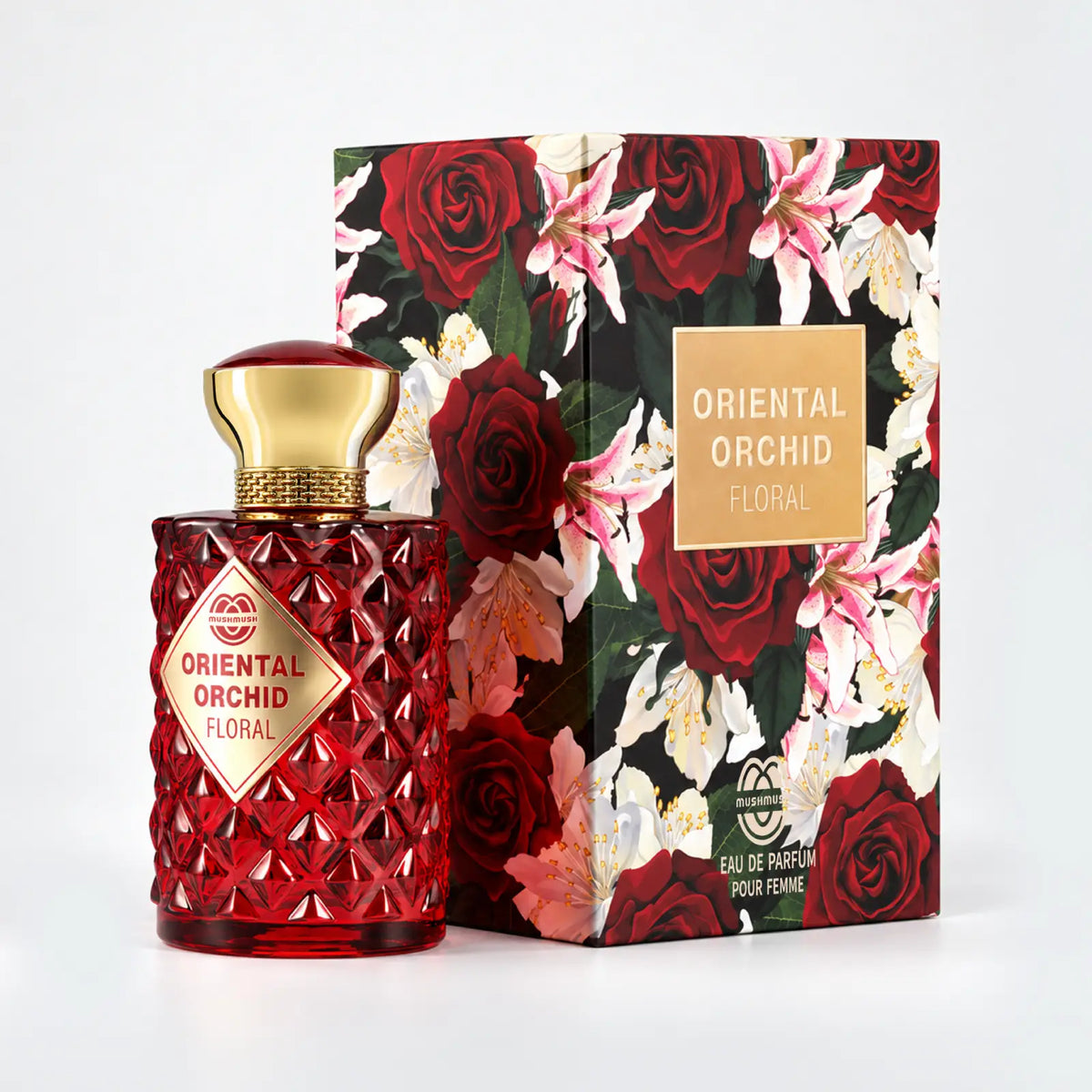 Oriental Orchid Floral bottle beside its rose and lily box by MUSHMUSH