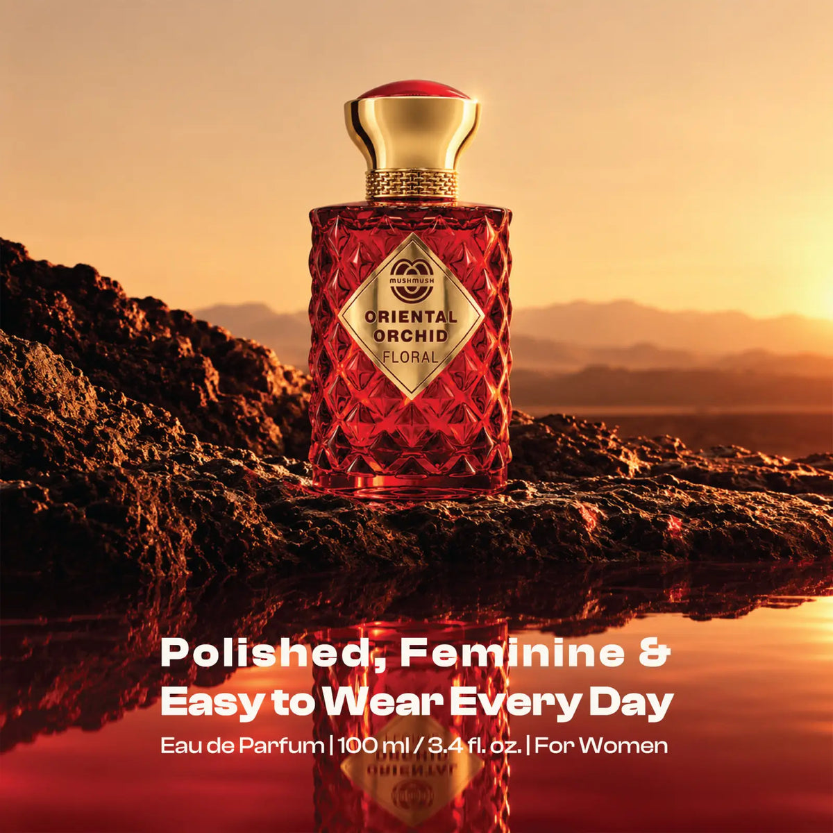 Oriental Orchid Floral ruby red perfume bottle for women showing its gold cap and decorative front label