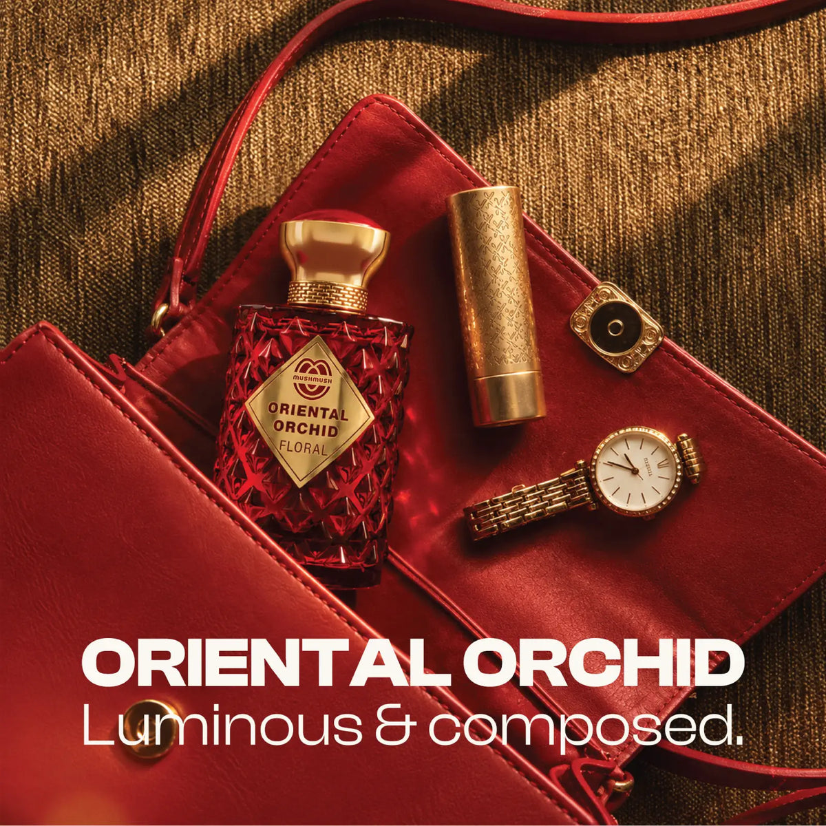 Oriental Orchid Floral perfume bottle for women standing beside its matching presentation box decorated with red roses and pink lilies