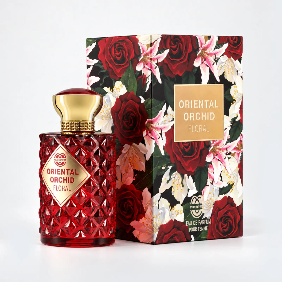 Oriental Orchid Floral ruby red Eau de Parfum bottle by MUSHMUSH beside its matching floral presentation box
