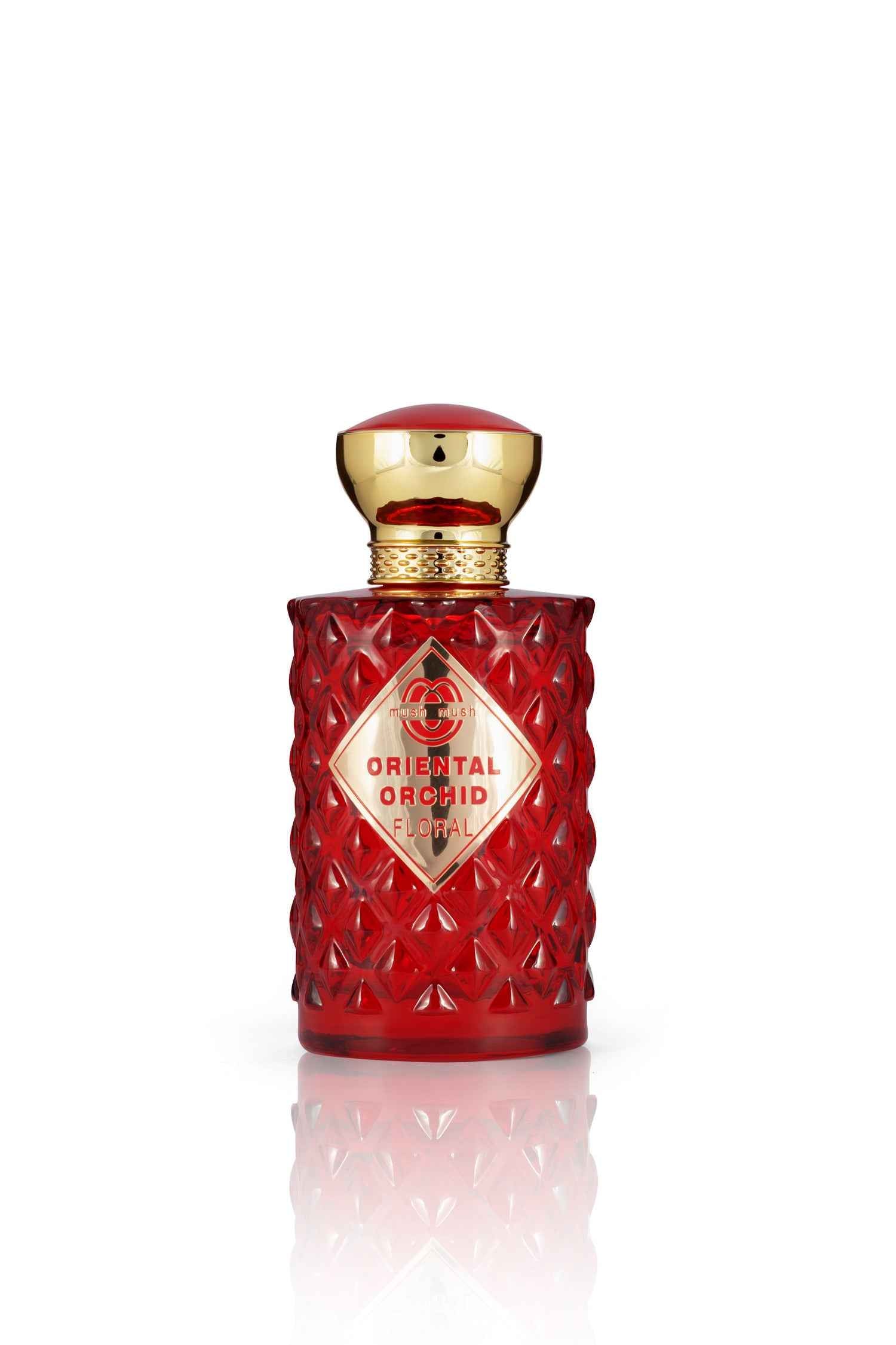 ORIENTAL ORCHID Floral Eau de Parfum diamond-textured ruby red glass bottle topped with a metallic gold cap and red crown accent, featuring a gold diamond-shaped front label.