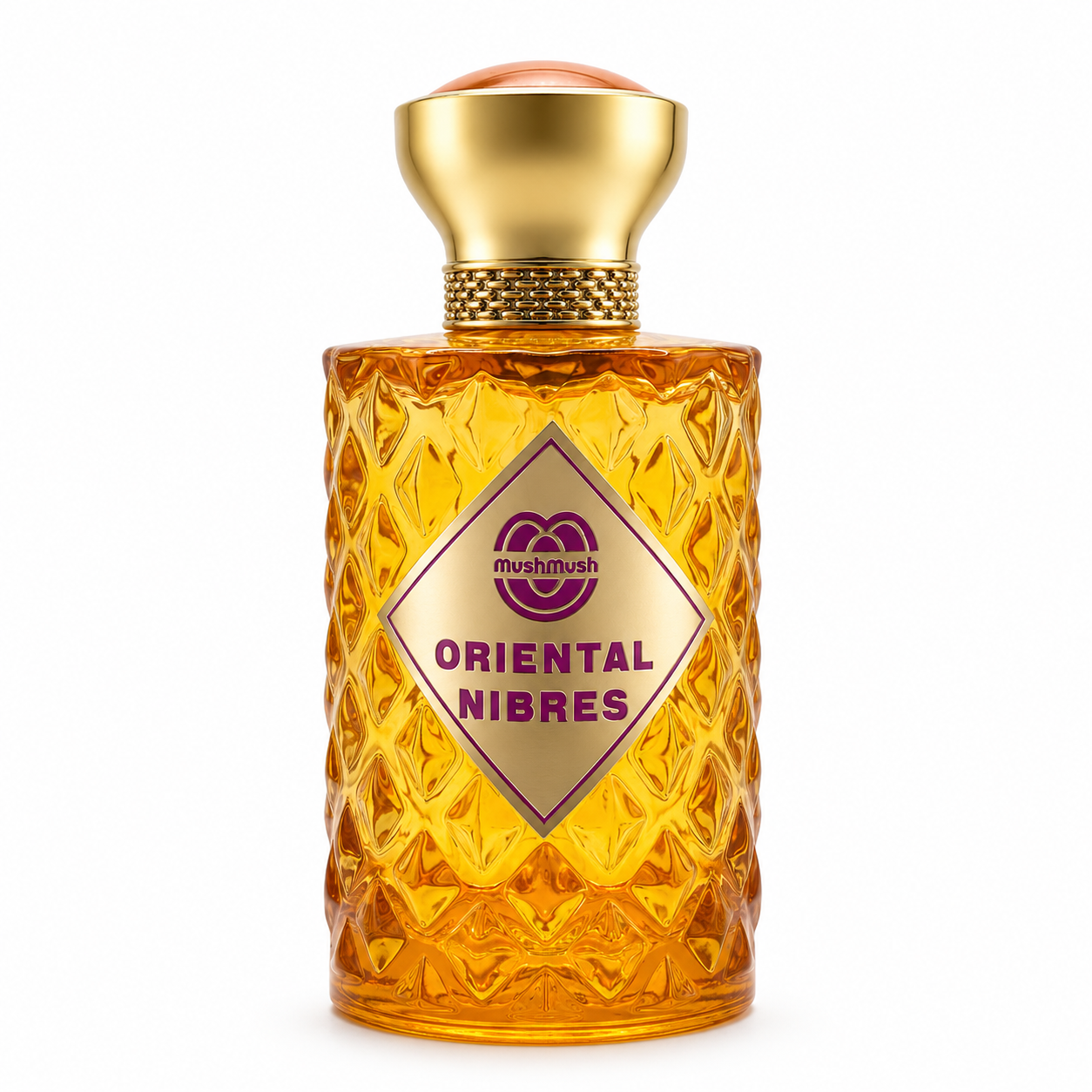 ORIENTAL NIBRES Eau de Parfum diamond-textured golden amber glass bottle topped with a metallic gold cap and peach crown accent, featuring a gold diamond-shaped front label with purple typography.