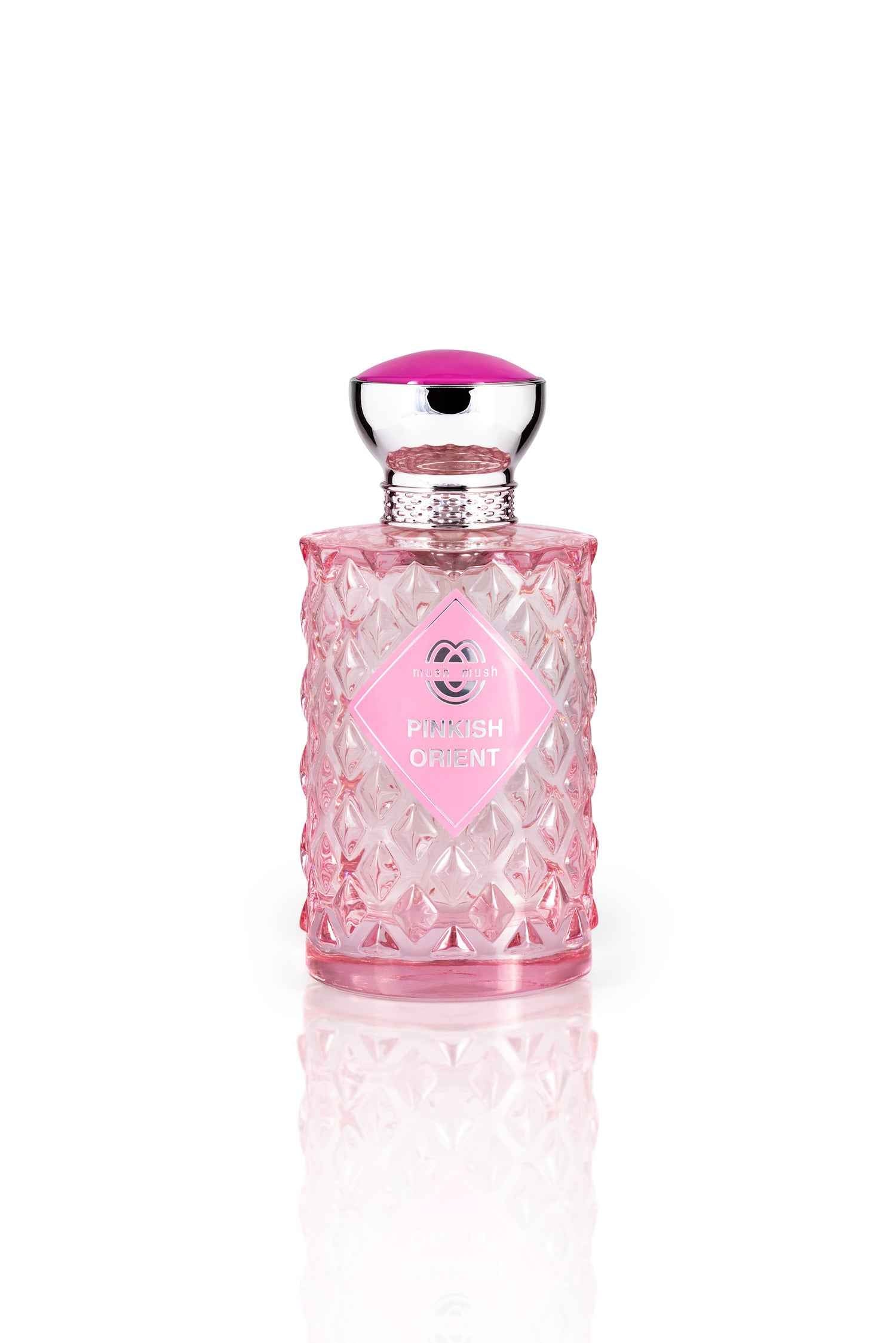 PINKISH ORIENT Eau de Parfum diamond-textured pink glass bottle topped with a silver cap and a bright pink crown accent, featuring a diamond-shaped pink front label.
