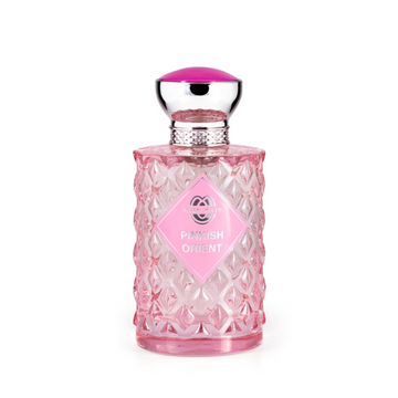 PINKISH ORIENT Eau de Parfum diamond-textured pink glass bottle topped with a silver cap and a bright pink crown accent, featuring a diamond-shaped pink front label.