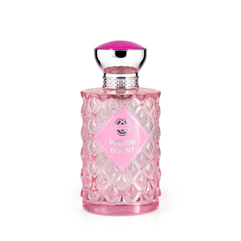 PINKISH ORIENT Eau de Parfum diamond-textured pink glass bottle topped with a silver cap and a bright pink crown accent, featuring a diamond-shaped pink front label.
