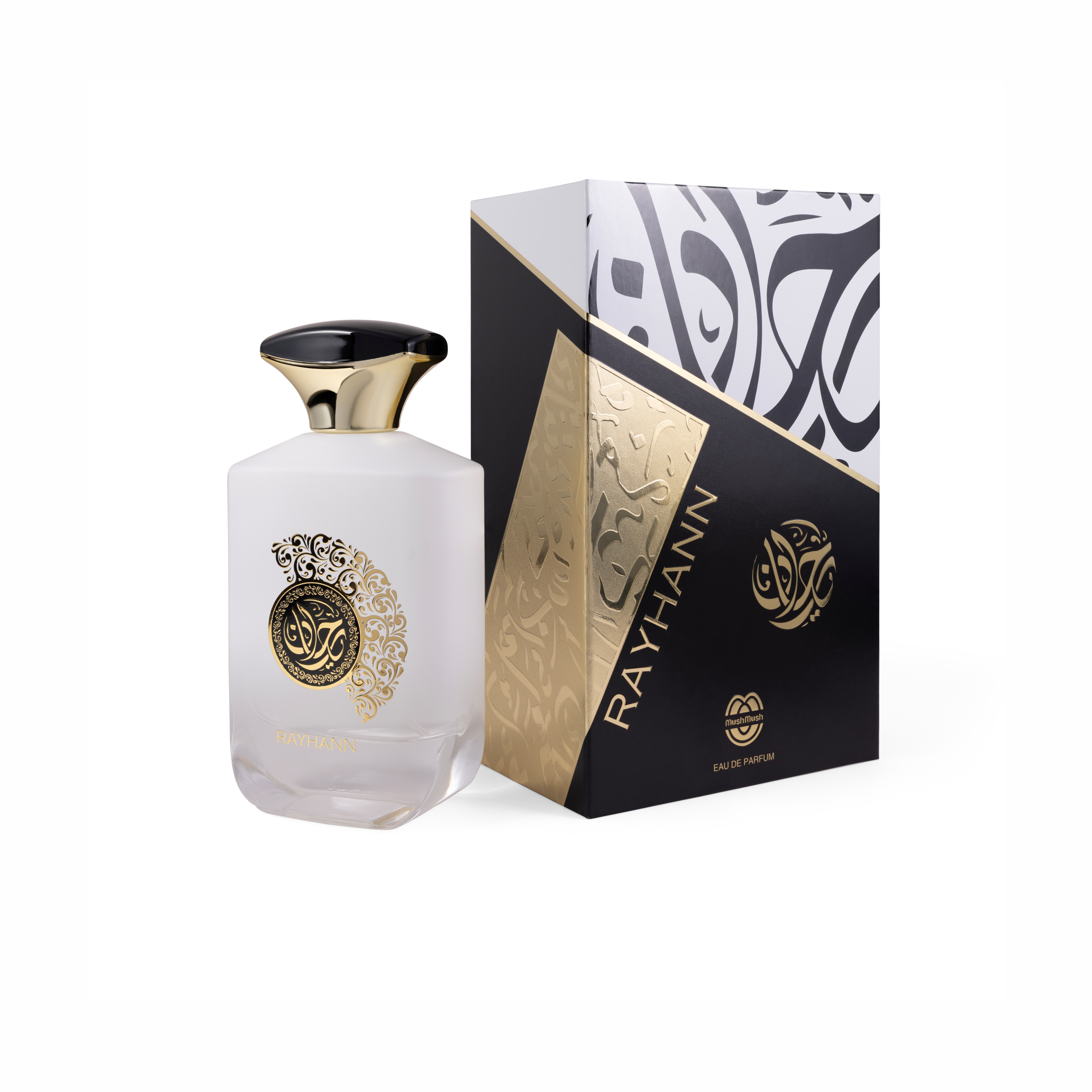 RAYHANN Eau de Parfum matte white bottle with a flared gold cap, standing beside its matching black, white, and gold packaging box featuring geometric panels and metallic gold Arabic calligraphy.