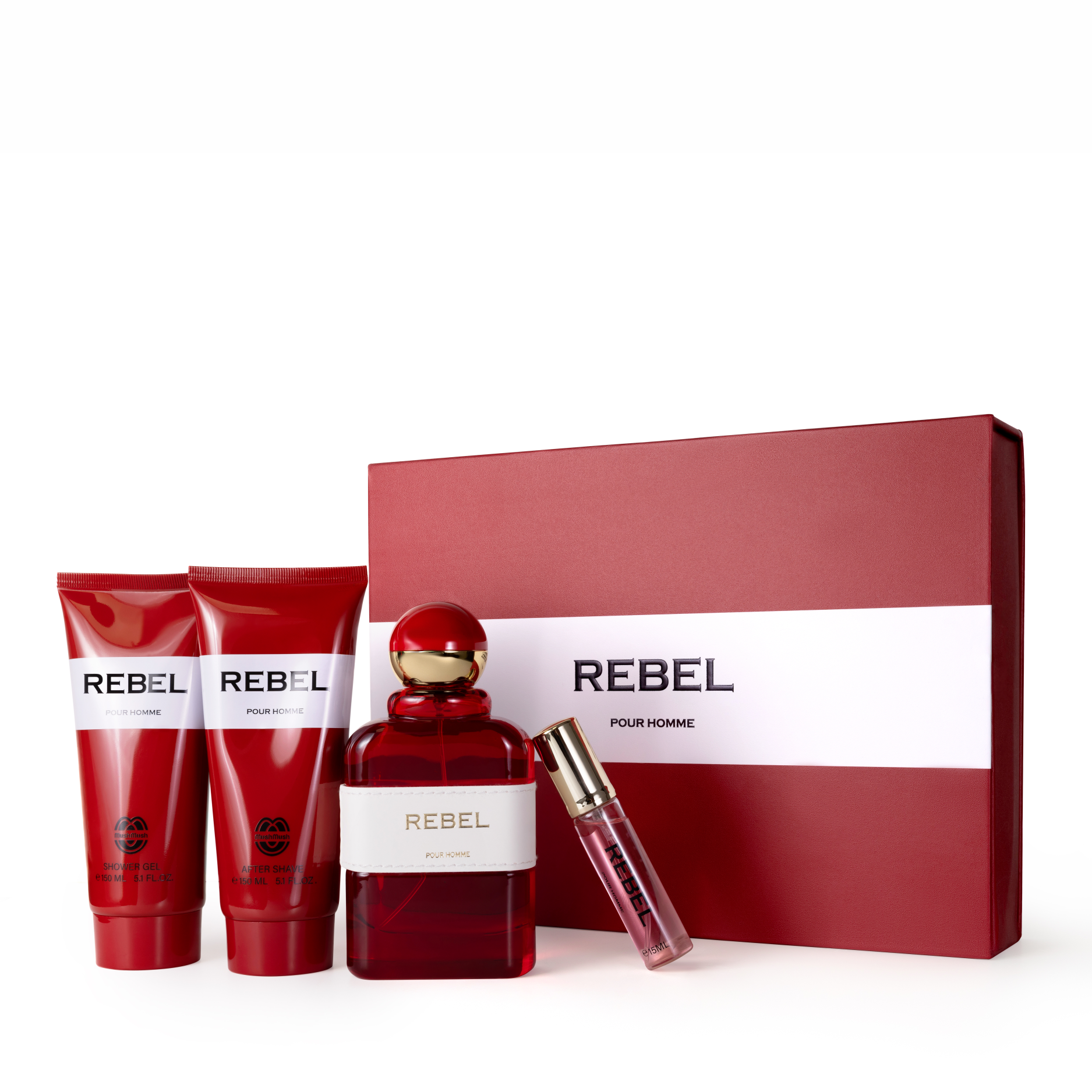 REBEL Pour Homme 4-piece fragrance gift set featuring a translucent red perfume bottle with a white leather band, matching shower gel and aftershave tubes, and a mini travel spray, standing next to a large red and white REBEL presentation box.