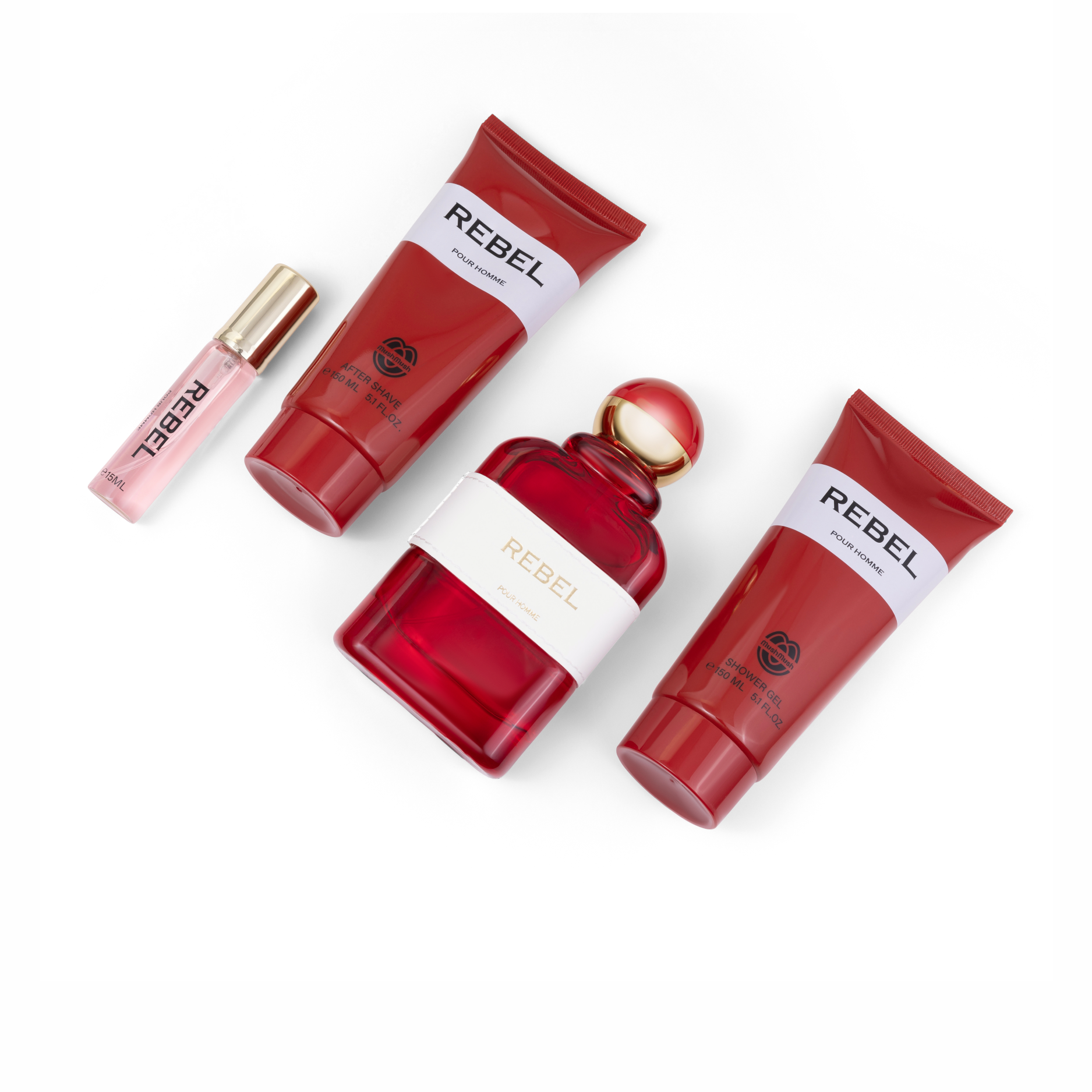 REBEL Pour Homme 4-piece men's grooming set laid out on a white background, featuring a red glass Eau de Parfum bottle with a white leather band, matching red shower gel and aftershave tubes, and a pocket travel spray with a gold cap.