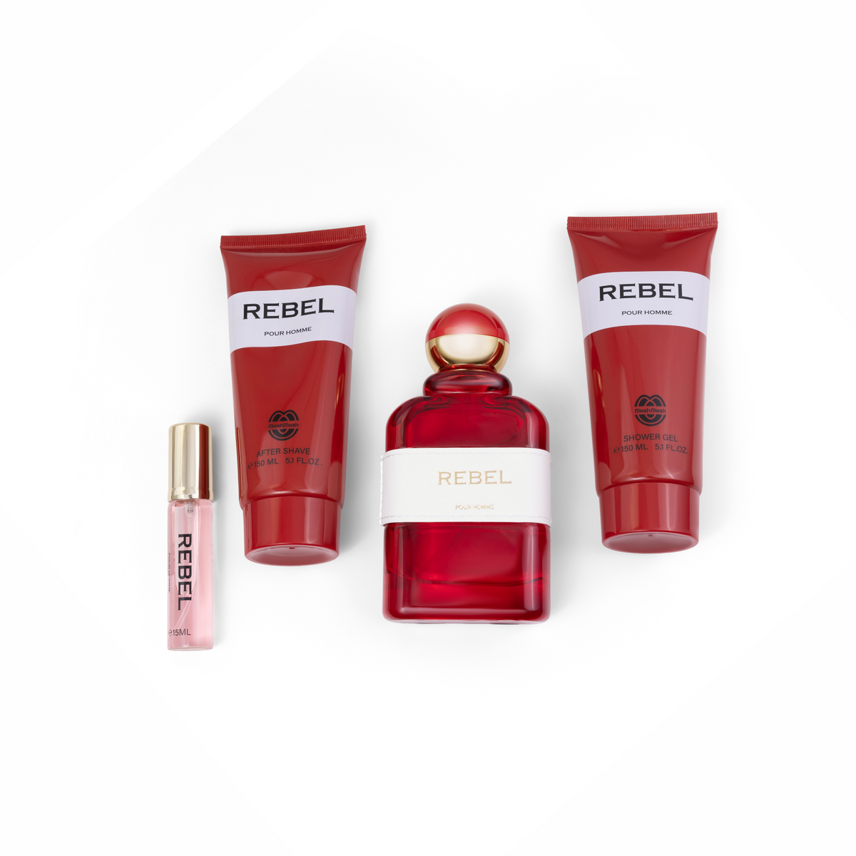REBEL Pour Homme 4-piece men's grooming set laid out on a white background, featuring a red glass Eau de Parfum bottle with a white leather band, matching red shower gel and aftershave tubes, and a pocket travel spray with a gold cap.