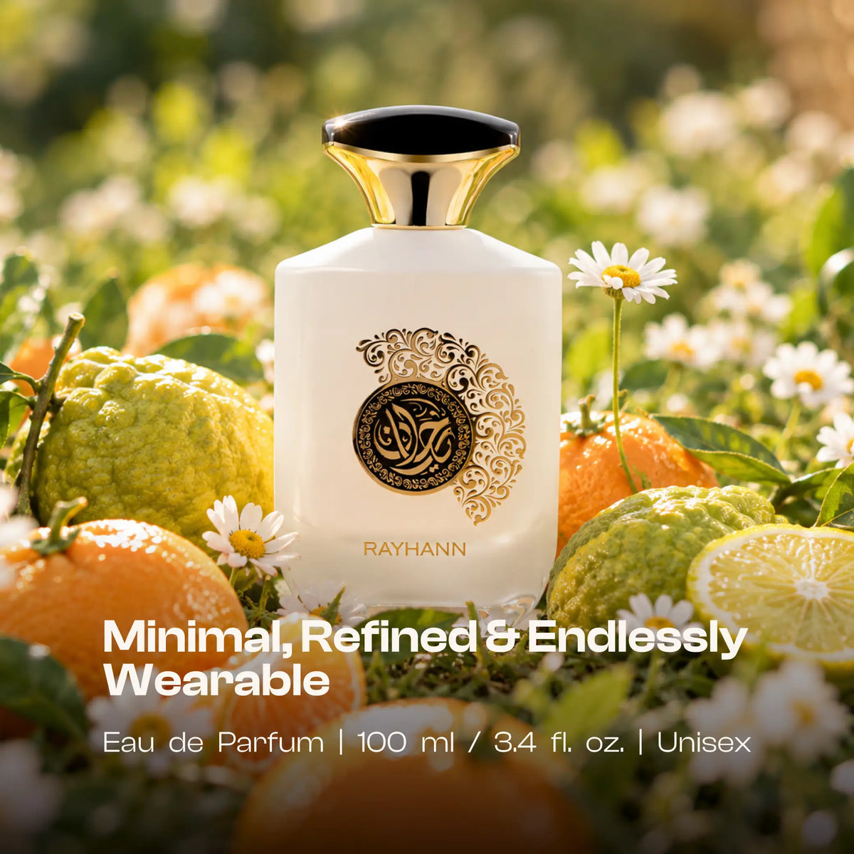 Rayhann perfume bottle in a meadow of white daisies with citrus fruit
